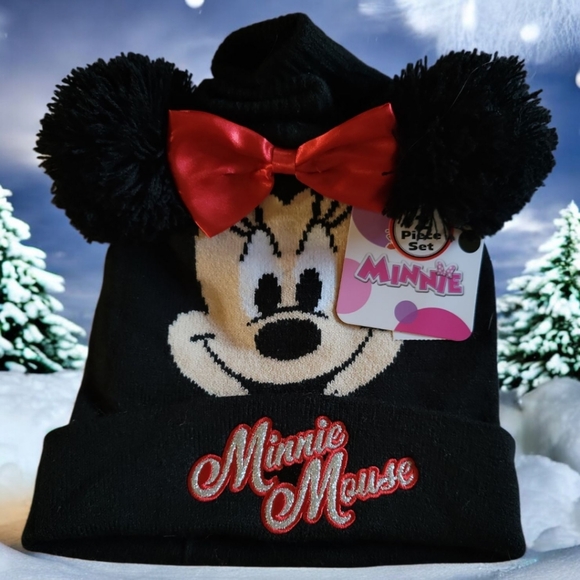 Disney Other - NWT DISNEY Kid's Toddler Minnie Mouse KNIT POM POM Beanie Glove SET BLACK/RED